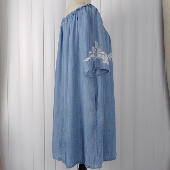 Easel Womens Washed Blue Off-Shoulder Embroidered Tunic Dress. - Picture 4 of 14
